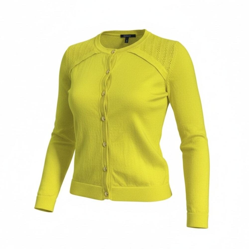 Escada Chartreuse Knit Cardigan Gold Buttons Italy Quiet Luxury L - Picture 2 of 9